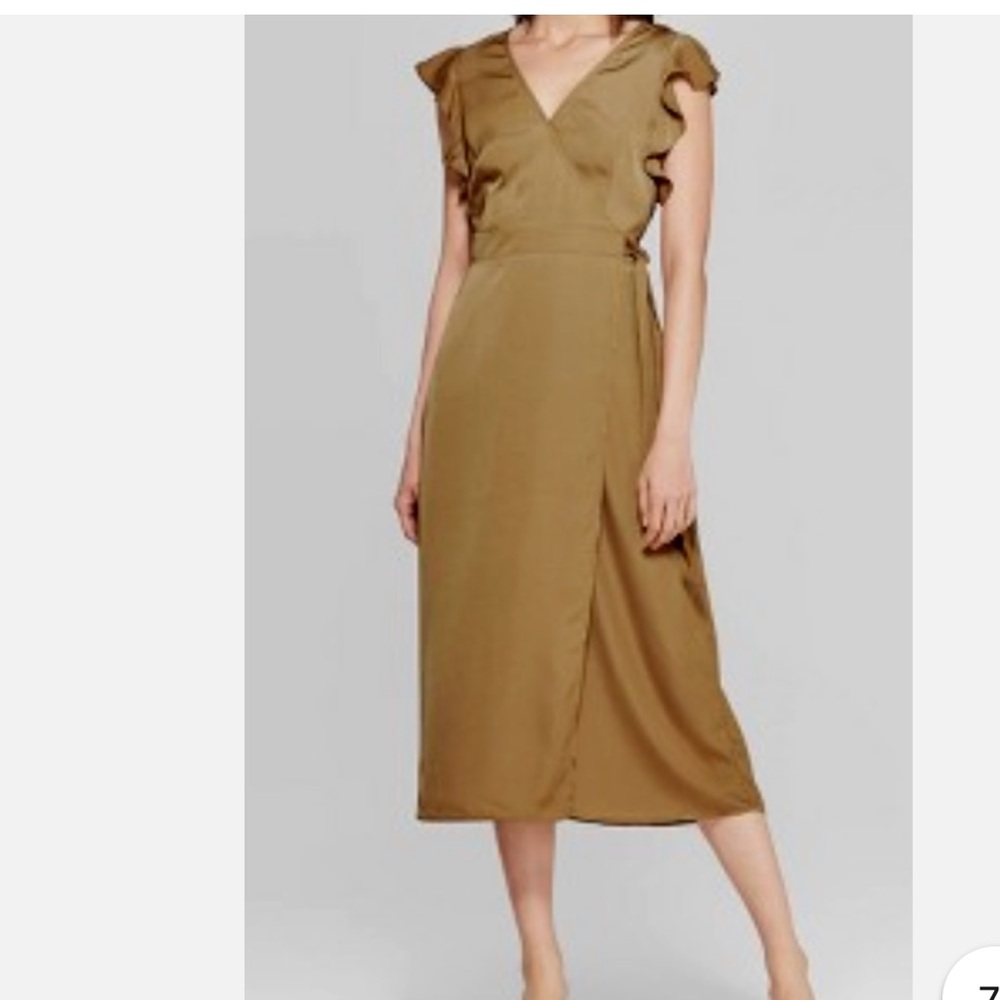 WOMENS L FLUTTER SLEEVE V-NECK A-LINE MIDI WRAP DRESS BROWN WHO WHAT WEAR Size S